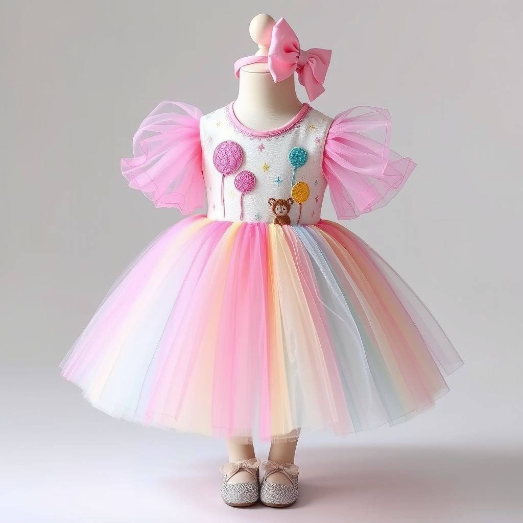 Baby birthday frock
Design a whimsical baby birthday frock featuring a pastel rainbow tulle skirt layered with shimmering sequins. The bodice showcases delicate embroidery of playful animals and festive balloons. Complete the look with oversized, detachable organza sleeves, a matching headband with a oversized bow, and dainty, sparkling shoes for an enchanting celebration.