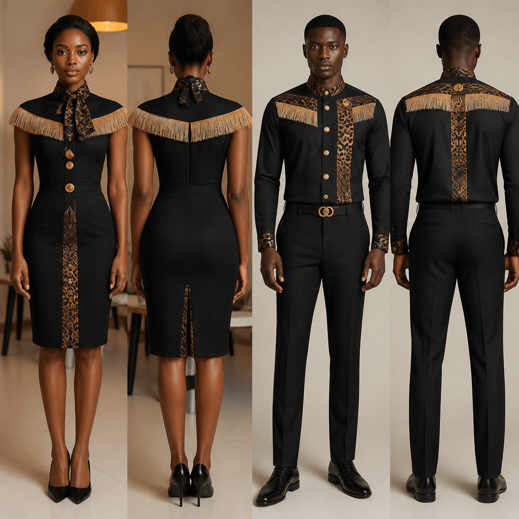 designs de Robe hôtesse pour restaurant différents , robe droite jusqu’au genoux pour femme , col pasteur petite écharpe motif panthère noire et marron , bouton au milieu de la robe rond en or Avec une touche de paille au niveau des épaules et la poitrine de même pour les hommes pantalon chemise , designs sur la robe en motifs tissu panthère tissu africain ekang Cameroun . La couleur du vêtement est noir , très fashion chic , et élégante , plus stylé et original
photorealistic fashion design, designs de Robe hôtesse pour restaurant différents , robe droite jusqu’au genoux pour femme , col pasteur petite écharpe motif panthère noire et marron , bouton au milieu de la robe rond en or Avec une touche de paille au niveau des épaules et la poitrine de même pour les hommes pantalon chemise , designs sur la robe en motifs tissu panthère tissu africain ekang Cameroun . La couleur du vêtement est noir , très fashion chic , et élégante , plus stylé et original , office style, just the design no text, show front and back