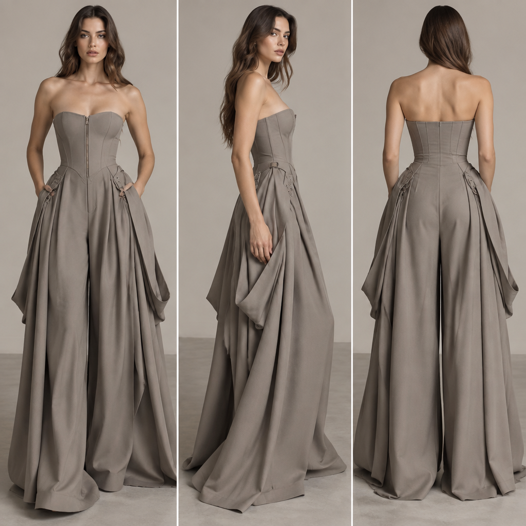 A unique pair of high-waisted women’s trousers with an extremely wide, flowing leg silhouette. The trousers feature a structured corset-style waistband that sits high above the natural waist, creating a dramatic hourglass shape. The corset waistband has vertical paneling, visible seams and a front zipper closure. From the waist, multiple long draped fabric panels extend down along the hips and outer legs, creating elegant sculptural folds and a layered effect. The side panels are gathered and attached near the waist with adjustable straps and small metal details, allowing the volume and draping to be adjusted. The trousers have an exceptionally wide, floor-length leg that flows freely around the body and almost covers the shoes. The front and back have carefully structured seams and pleats that create volume while maintaining a sophisticated silhouette. The fabric should be smooth, soft and slightly luxurious, with beautiful natural movement when walking. Feminine, elegant, modern and distinctive design, combining corsetry with extremely wide-leg trousers. Realistic garment construction, wearable and manufacturable, high-end fashion photography on a real female model. Show the front, side and back details clearly. Do not simplify the corset waistband, straps, draped panels or wide-leg construction.
photorealistic fashion design, A unique pair of high-waisted women’s trousers with an extremely wide, flowing leg silhouette. The trousers feature a structured corset-style waistband that sits high above the natural waist, creating a dramatic hourglass shape. The corset waistband has vertical paneling, visible seams and a front zipper closure. From the waist, multiple long draped fabric panels extend down along the hips and outer legs, creating elegant sculptural folds and a layered effect. The side panels are gathered and attached near the waist with adjustable straps and small metal details, allowing the volume and draping to be adjusted. The trousers have an exceptionally wide, floor-length leg that flows freely around the body and almost covers the shoes. The front and back have carefully structured seams and pleats that create volume while maintaining a sophisticated silhouette. The fabric should be smooth, soft and slightly luxurious, with beautiful natural movement when walking. Feminine, elegant, modern and distinctive design, combining corsetry with extremely wide-leg trousers. Realistic garment construction, wearable and manufacturable, high-end fashion photography on a real female model. Show the front, side and back details clearly. Do not simplify the corset waistband, straps, draped panels or wide-leg construction., just the design no text