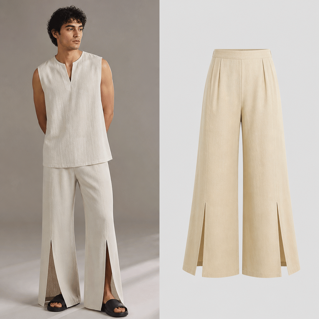 A Male Top design, suitable for Summer. Cream color palazzo pant with split on both sides
photorealistic fashion design, A Male Top design, suitable for Summer. Cream color palazzo pant with split on both sides, just the design no text