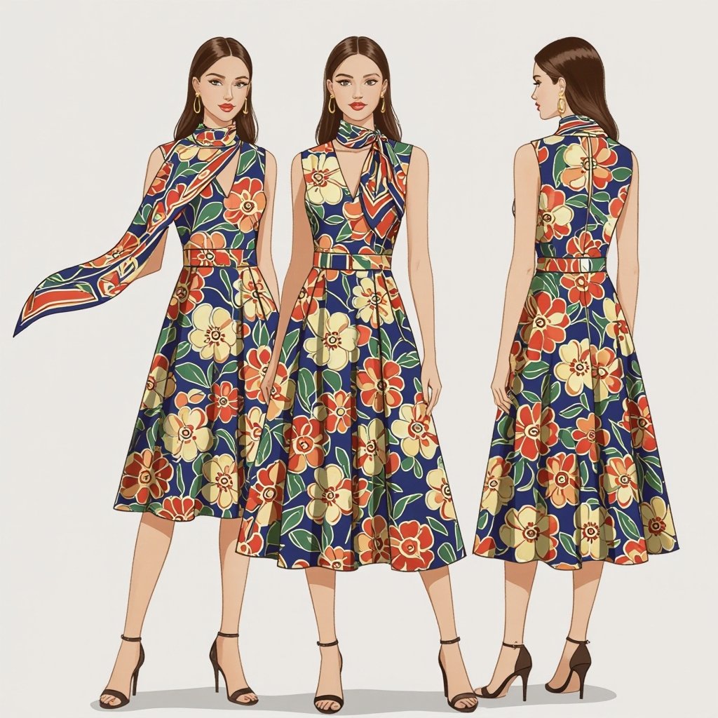 Design a midi length a line sleeveless dress with a detachable scarf on beck
Design a midi-length A-line sleeveless dress with a detachable scarf on the neck.