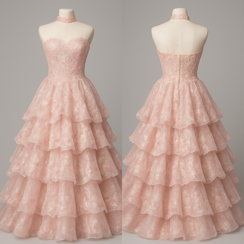 Long light pink dress with a floral design and  a Lacey top and ruffles on the skirt and strapless skirt that looks real that looks like a prom dress and make it sparkly add more ruffles and add a choker that matches the dress