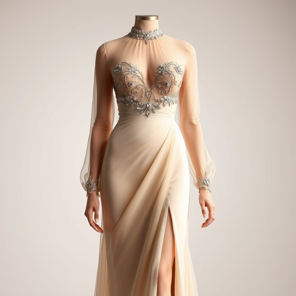 Dress with high neck and long sleeve chiffon transparent until the bust. and a nude lining extending from the heart-shaped neckline to the fitted skirt. From bust to the waist adorned with dazzling on lines same as fabric above the nude lining . From waist to toe fitted draped plain skirt () with a high leg split that reveals the dazzling on lines same as fabric on above transparent chiffon
Envision a mesmerizing evening gown featuring a high neck and long sleeves made from ethereal chiffon, perfectly transparent up to the bust. Below the heart-shaped neckline lies a nude lining that gracefully transitions into a fitted skirt. This opulent design is accented by sparkling embellishments from bust to waist, echoing the gown's delicate fabric. The sleek, draped skirt hugs the body, cascading to the floor with a daring high leg split that reveals shimmering details, ensuring elegance and allure with every step. Perfect for a high-fashion gala or red carpet event, this dress is a stunning embodiment of sensual sophistication.