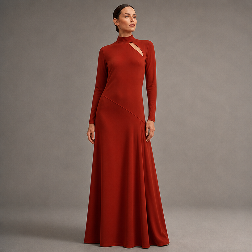 I want a seem to move across the hip area. Starting from the back to the same hip at the front. It’s one piece of fabric sewn together with that seem. That piece are on the bias. The other piece normal cut. The arm should be narrow and show the wrist
edit the attached fashion design with these instructions: I want a seem to move across the hip area. Starting from the back to the same hip at the front. It’s one piece of fabric sewn together with that seem. That piece are on the bias. The other piece normal cut. The arm should be narrow and show the wrist. keep it photorealistic, just the design no text
