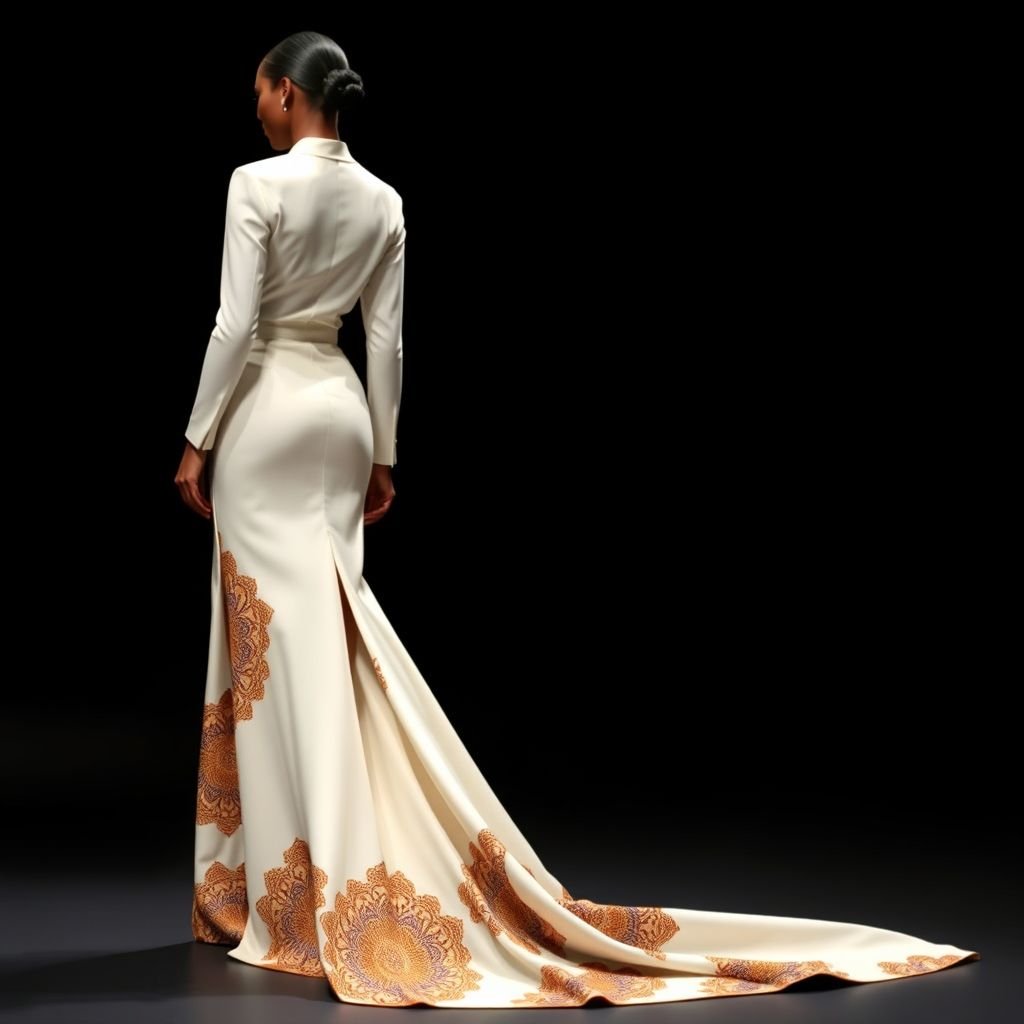 Une robe longue structurée avec une fente arrière et un tissu Waxx blanc dans un style africain moderne. J’aimerais aussi que ce soit un haut et une jupe crayon longue.pas de fente sur le côté pas de décolleté sinon j’aime bien mais si cela pouvais être en 2partie une jupe et un haut scintrer j’aime bien mais sans tour de cou et deux partie distinguée peut ton changer de haut car je ne trouverai jamais ce tissu ce style de haut toujours en 2partie mais pas le même tissu possible avec des manche longue
Imagine a sophisticated formal ensemble featuring a structured, floor-length skirt with a dramatic back slit crafted from luxurious white Waxx fabric, infused with modern African motifs. The top is a tailored, fitted blouse with long sleeves, uniquely designed, distinct from the skirt, ensuring elegance while maintaining a refined silhouette.