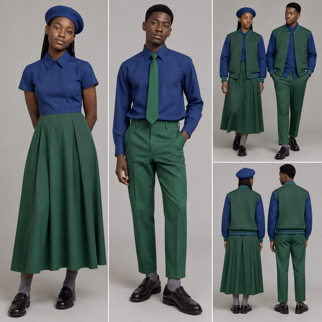 Design a green baseball jacket with blue accents and green arms for male and female. Use black teenagers as models
A fit flare dress top half blue and bottom half green, covering chest area completely, almost reaching ankles, blue barrett and grey socks for female.
A green relaxed trouser, reaching ankles, a blue shirt, green tie and grey socks for the male.
Nice black school shoes for both.. South Africa fashion aesthetics. Present it as professional fashion catalogue photography: the garment is the subject, shown full-length with editorial styling, neutral posing and tasteful, non-suggestive framing.
photorealistic fashion design, Design a green baseball jacket with blue accents and green arms for male and female. Use black teenagers as models
A fit flare dress top half blue and bottom half green, covering chest area completely, almost reaching ankles, blue barrett and grey socks for female.
A green relaxed trouser, reaching ankles, a blue shirt, green tie and grey socks for the male.
Nice black school shoes for both.. South Africa fashion aesthetics. Present it as professional fashion catalogue photography: the garment is the subject, shown full-length with editorial styling, neutral posing and tasteful, non-suggestive framing., just the design no text