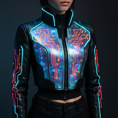 LED-trimmed cropped jacket with holographic panels and circuit patterns