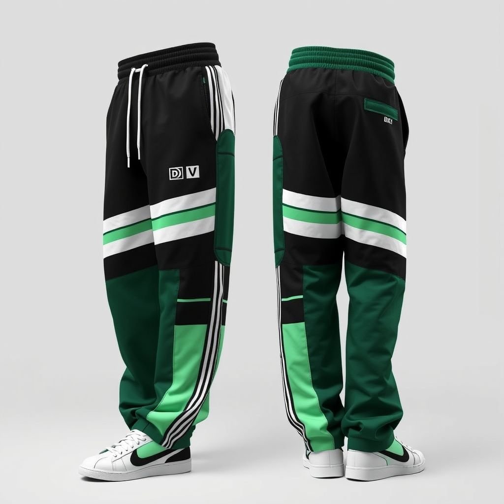 Streetrush Men's Street Sporty Academy Style, Street Hip-Hop Oversized. These Black And White Color-Block Design Ultra-Wide Sports Sweatpants Feature Multiple Stripes, dark green and pastel green Paneling Design, And Front And Back Pattern Designs, Along With A Creative Double Waistband. They Are Suitable For All-Season Wear, Embody Street Rock Aesthetics, And Are Perfect For Music Festivals And Everyday Outfits, Making Them An Excellent Gift For Boyfriends Or Husbands. This Style Reflects Y2K Streetwear ,Men's Two-Tone Outdoor Sports , Chicago Jersey , Streetwear , Streetwear Sweatpants. Put “DV” somewhere on it.
Street hustle meets high fashion in the "Streetrush" men’s sporty sweatpants. These oversized black and white color-blocks flaunt bold dark green and pastel green paneling. Featuring dynamic stripe accents and intricate front-and-back graphic designs, complete with a distinctive double waistband, they embody a Y2K streetwear vibe—perfect for music festivals or everyday street style. Don’t forget the signature “DV” stitched subtly into the design for an authentic touch!