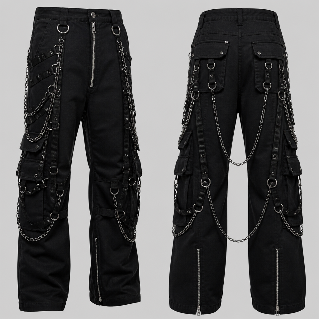 A Unisex Pants design, in Y2K style. Gothic
bondage /work for front pockets to back pockets
eight cargo pockets d rings rated at 1200 lb lots of
chains hanging off of them zipper down the front
and the back of the lower leg
photorealistic fashion design, A Unisex Pants design, in Y2K style. Gothic
bondage /work for front pockets to back pockets
eight cargo pockets d rings rated at 1200 lb lots of
chains hanging off of them zipper down the front
and the back of the lower leg, y2k style, just the design no text