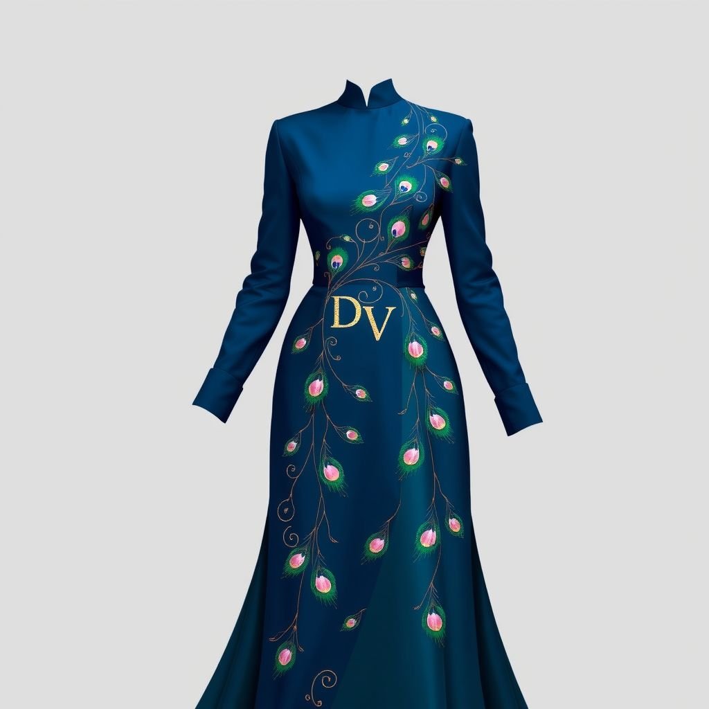 Create me a unique Peacock dress with a little pink in it.met gala dress. But I want it to be modest I want the arms and legs covered. and empowers a Met Gala look. Put “DV” on it somewhere
Design an exquisite, modest Peacock-inspired gown for the Met Gala, featuring a regal palette of deep blues and emerald greens, subtly accented with soft pink hues. The full-length sleeves and tailored silhouette emphasize elegance, while delicate feather motifs cascade across the fabric. Incorporate “DV” in a sophisticated gold embroidery, enhancing its allure.