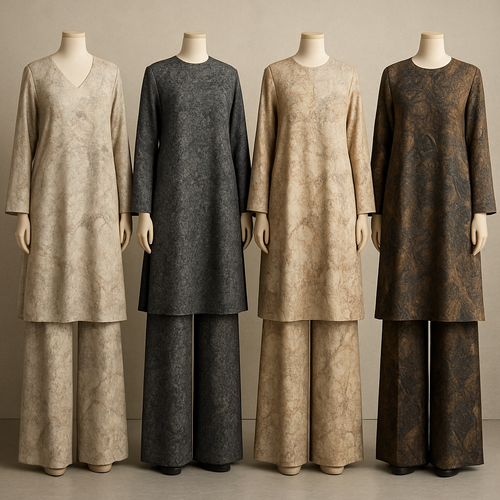 Create a modest two piece loose pant and long dress , first of its kind, featuring a unique stone design that exudes a classy and sophisticated vibe. I'd like four designs, each showcasing different styles and fabrics. Incorporate high-end, unique chic stone designs to make them truly special. Add little sophisticated stone designs. Make it irresistible!