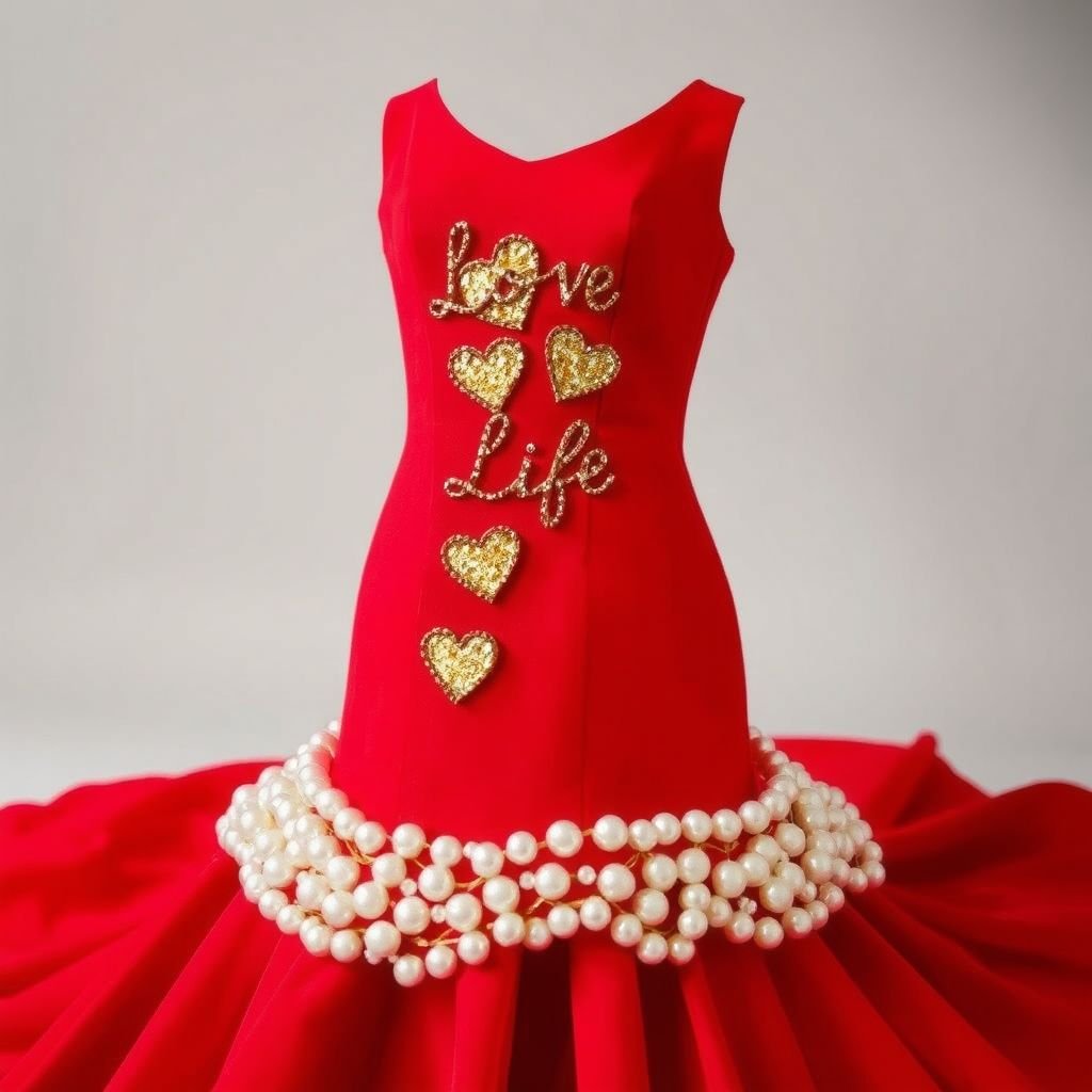 A red dress with pearls on the bottom and gold hearts on the front that say love life
Envision a striking red gown that cascades to the floor, its hem adorned with lustrous pearls that shimmer with every movement. The bodice features whimsical gold hearts, each intricately embellished with the phrase "Love Life" in elegant script. This playful yet sophisticated dress captures the essence of romance and joy, perfect for unforgettable occasions.