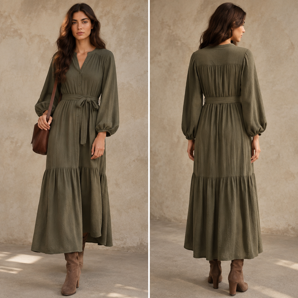 A Female Dress design, suitable for Fall. Consider Israeli fashion — Mediterranean casual, startup chic, modest fashion innovation, desert-practical. Current season is Autumn in Israel. Present it as professional fashion catalogue photography: the garment is the subject, shown full-length with editorial styling, neutral posing and tasteful, non-suggestive framing.
photorealistic fashion design, A Female Dress design, suitable for Fall. Consider Israeli fashion — Mediterranean casual, startup chic, modest fashion innovation, desert-practical. Current season is Autumn in Israel. Present it as professional fashion catalogue photography: the garment is the subject, shown full-length with editorial styling, neutral posing and tasteful, non-suggestive framing., just the design no text
