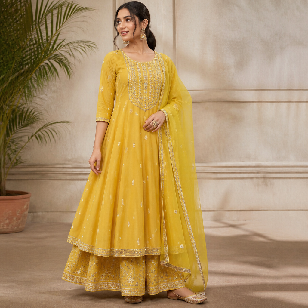 A Female Dress design, suitable for Summer. Consider Indian fashion aesthetics — consider saree, lehenga, salwar kameez, kurti, anarkali; local fabrics like chanderi, banarasi, chikankari, block prints; vibrant colors and rich embroidery. Current season is Summer in India. Present it as professional fashion catalogue photography: the garment is the subject, shown full-length with editorial styling, neutral posing and tasteful, non-suggestive framing.
photorealistic fashion design, A Female Dress design, suitable for Summer. Consider Indian fashion aesthetics — consider saree, lehenga, salwar kameez, kurti, anarkali; local fabrics like chanderi, banarasi, chikankari, block prints; vibrant colors and rich embroidery. Current season is Summer in India. Present it as professional fashion catalogue photography: the garment is the subject, shown full-length with editorial styling, neutral posing and tasteful, non-suggestive framing., just the design no text