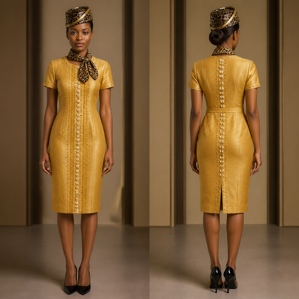 Robe hôtesse tissue jaune or avec cauris Et un chapeau style hôtesse e l’air motif panthere noir marron et un petit foulard motif panthere au cou
photorealistic fashion design, Robe hôtesse tissue jaune or avec cauris Et un chapeau style hôtesse e l’air motif panthere noir marron et un petit foulard motif panthere au cou, business style, just the design no text, show front and back