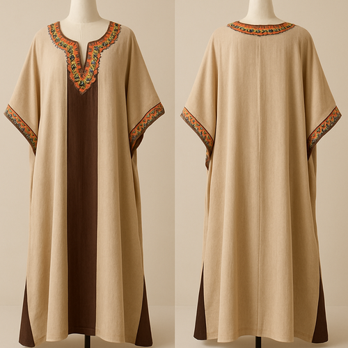 A stylish kaftan with beige and chocolate brown color with orange, pink, and green beads at the the neck line and the edges of the sleeve 