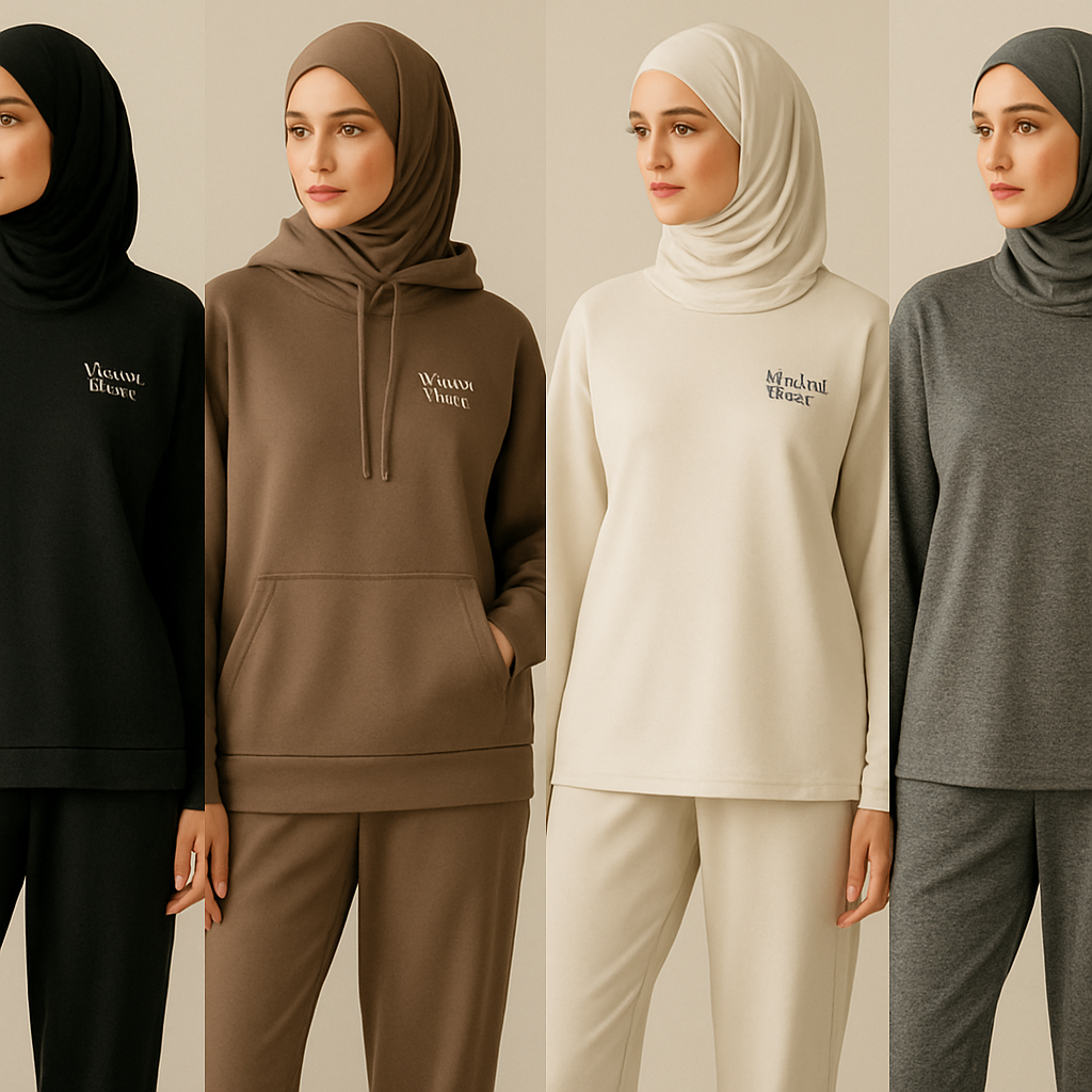 Create a revolutionary women’s modest loose gym wear brand called “Modest Fleur”. Display the brand name on the garments in a unique design on the upper right side, in small thick writing that exudes a classy and sophisticated vibe. I’d like four designs, each showcasing different styles and fabrics, with high-end, unique chic designs to make them truly special.
Create a revolutionary women’s modest loose gym wear brand called “Modest Fleur”. Display the brand name on the garments in a unique design on the upper right side, in small thick writing that exudes a classy and sophisticated vibe. I’d like four designs, each showcasing different styles and fabrics, with high-end, unique chic designs to make them truly special.