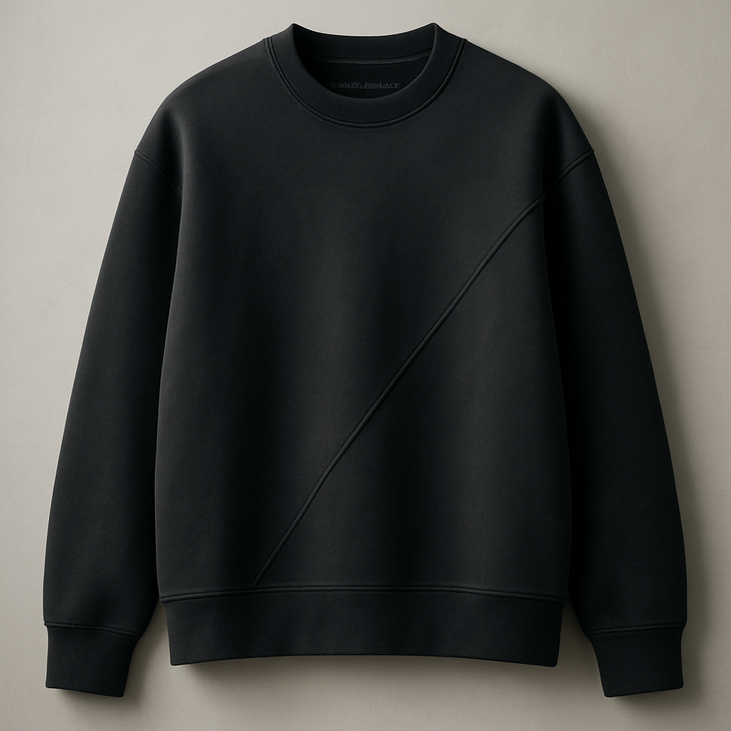 a luxury minimal oversized crewneck sweatshirt in matte charcoal black cotton, no logos, no text, clean silhouette, one subtle diagonal architectural seam from left shoulder to lower right hem, structured premium tailoring, silent luxury aesthetics, interior neck detail “Made for the aware” in micro tone-on-tone embroidery, hidden code inside hem “A–00–∅”, soft brushed inner lining texture visible, photographed on neutral background, high-end brand photography style similar to Lemaire, The Row, Jil Sander, Rick Owens minimal approach, cinematic lighting, premium editorial aesthetic, no wrinkles, balanced proportions, emotional minimalism, high resolution
a luxury minimal oversized crewneck sweatshirt in matte charcoal black cotton, no logos, no text, clean silhouette, one subtle diagonal architectural seam from left shoulder to lower right hem, structured premium tailoring, silent luxury aesthetics, interior neck detail “Made for the aware” in micro tone-on-tone embroidery, hidden code inside hem “A–00–∅”, soft brushed inner lining texture visible, photographed on neutral background, high-end brand photography style similar to Lemaire, The Row, Jil Sander, Rick Owens minimal approach, cinematic lighting, premium editorial aesthetic, no wrinkles, balanced proportions, emotional minimalism, high resolution, minimalist style