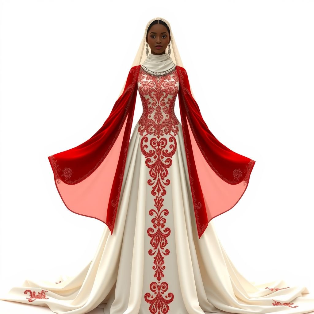 Wedding dress Somali style with the elegant drawing at the centre together with long sleeves red velvet combine with white
Design a stunning Somali-inspired wedding dress featuring intricate, elegant drawings at the center. The dress showcases long, flowing sleeves crafted from rich red velvet, seamlessly contrasted with luxurious white silk layers. Incorporate exquisite beading along the neckline, and a dramatic train that cascades beautifully, embodying sophistication and timeless beauty for formal occasions.