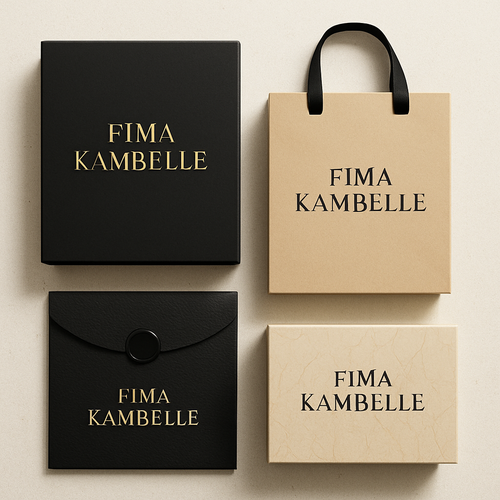 Create me 4 different unique, sophisticated packages materials for my clothing brand FIMA KAMBELLE by making it first of its kind and chic.