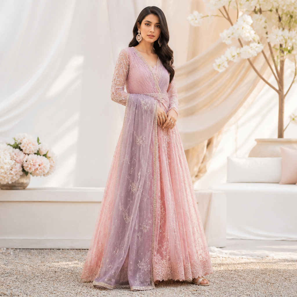 A Dress design, suitable for Summer. style: elegant
fabric;silk
occasion: wedding
color :pink+peachan purple
body :slim
skin tone ;fair
fabric feel :soft ,glowy and asthetic
Create image. Pakistan fashion aesthetics. Present it as professional fashion catalogue photography: the garment is the subject, shown full-length with editorial styling, neutral posing and tasteful, non-suggestive framing.
photorealistic fashion design, A Dress design, suitable for Summer. style: elegant
fabric;silk
occasion: wedding
color :pink+peachan purple
body :slim
skin tone ;fair
fabric feel :soft ,glowy and asthetic
Create image. Pakistan fashion aesthetics. Present it as professional fashion catalogue photography: the garment is the subject, shown full-length with editorial styling, neutral posing and tasteful, non-suggestive framing., just the design no text