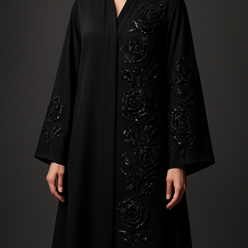 The Black Diamond Rose Abaya
Tone: Pure jet black
Design:
A dramatic cascade of black diamond-cut stones forming abstract rose shapes on the front panel and sleeve.
Fabric: Silk-crepe
Vibe: Fierce elegance, rich and commanding.