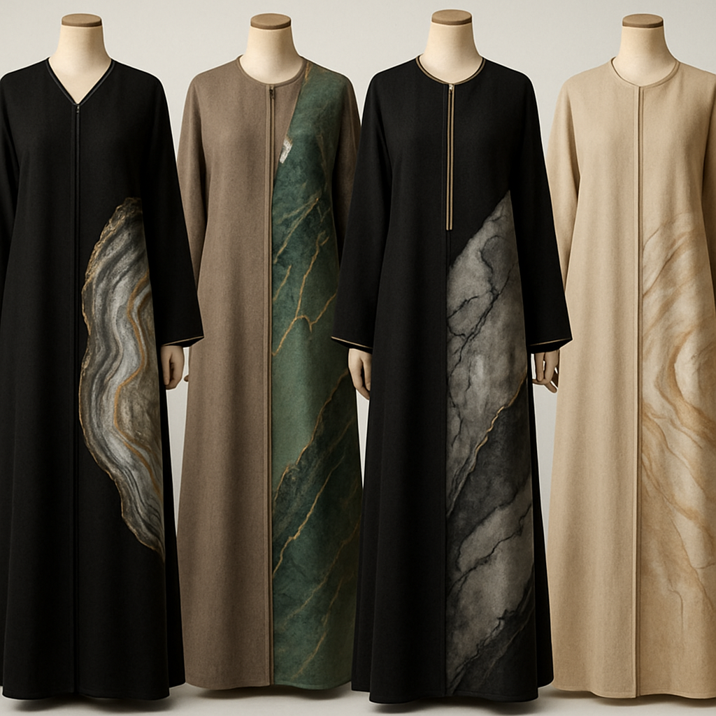 Create a modest abaya that’s the first of its kind, featuring a unique stone design that exudes a classy and sophisticated vibe. I’d like four designs, each showcasing different styles and fabrics. Incorporate high-end, unique chic stone designs to make them truly special.
Create a modest abaya that’s the first of its kind, featuring a unique stone design that exudes a classy and sophisticated vibe. I’d like four designs, each showcasing different styles and fabrics. Incorporate high-end, unique chic stone designs to make them truly special.