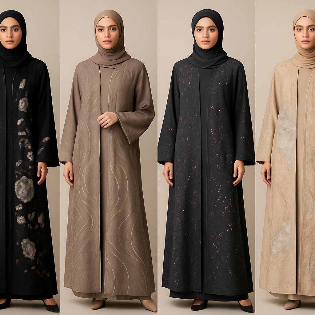Create a modest two piece abaya, first of its kind, featuring a unique stone design that exudes a classy and sophisticated vibe. I'd like four designs, each showcasing different styles and fabrics. Incorporate high-end, unique chic stone designs to make them truly special. Add little sophisticated stone designs. Make it irresistible with designs that stands out.

Create a modest two piece abaya, first of its kind, featuring a unique stone design that exudes a classy and sophisticated vibe. I'd like four designs, each showcasing different styles and fabrics. Incorporate high-end, unique chic stone designs to make them truly special. Add little sophisticated stone designs. Make it irresistible with designs that stands out.