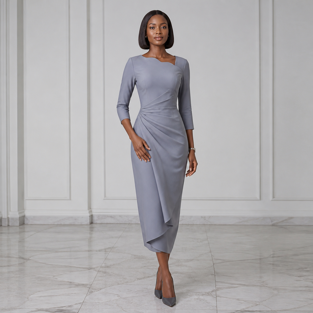 A Female Dress design, suitable for Summer. a grey colored corporate gown with assymetric scallop neckline, having a stylish drape slantly spread towards the left side of the waist to the hip with a 3/4 sleeve. for a size 6 female body. Nigeria fashion aesthetics. Design with modest coverage.
photorealistic fashion design, A Female Dress design, suitable for Summer. a grey colored corporate gown with assymetric scallop neckline, having a stylish drape slantly spread towards the left side of the waist to the hip with a 3/4 sleeve. for a size 6 female body. Nigeria fashion aesthetics. Design with modest coverage., just the design no text