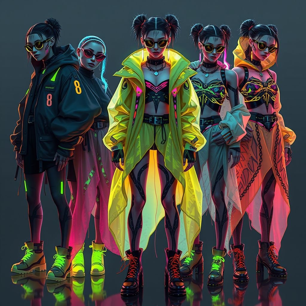 .. Diesgoren
Design a futuristic streetwear collection named "Diesgoren," blending cyberpunk aesthetics with organic forms. Envision oversized silhouettes adorned with bioluminescent fabrics, holographic accessories, and intricate cut-outs reminiscent of nature. Layered garments feature asymmetrical hemlines and vibrant, neon colors, merging edgy urban style with a harmonious connection to the environment and technology.