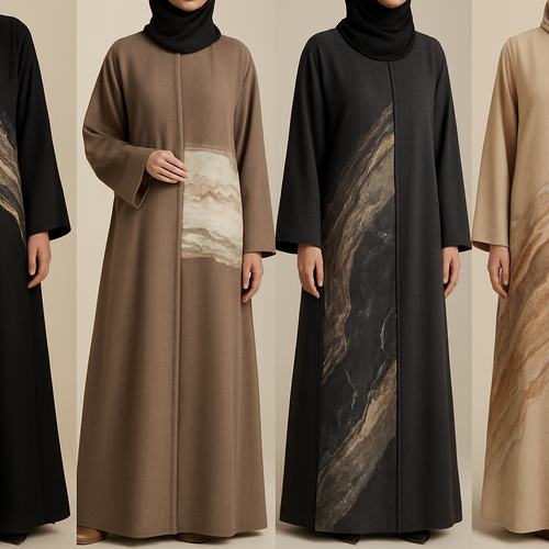 Create a modest abaya that’s the first of its kind, featuring a unique stone design that exudes a classy and sophisticated vibe. I’d like four designs, each showcasing different styles and fabrics. Incorporate high-end, unique chic stone designs to make them truly special.