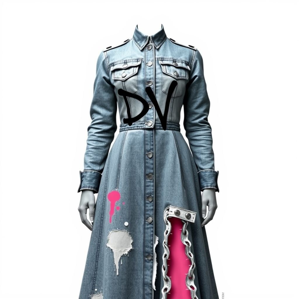 Create me a unique CD dress with a little pink in it.met gala dress. But I want it to be modest I want the arms and legs covered. and empowers a Met Gala look. Put “DV” on it somewhere
Design a modest, grunge-inspired CD dress for the Met Gala, featuring long sleeves and a floor-length silhouette. Incorporate distressed denim textures and layers, with splashes of muted pink subtly integrated into the fabric. Adorn the dress with edgy hardware accents, and boldly display "DV" in graffiti style across the bodice.