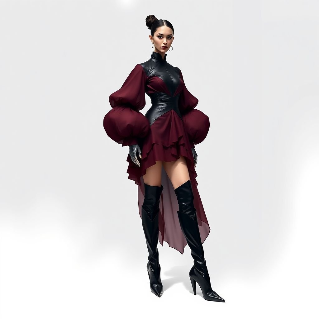 Merlot, black, leather, chiffon, mini, mutton sleeves, knee high boots, colour drawing
Create an avant-garde fashion ensemble featuring a striking merlot and black color palette. Design a mini dress with exaggerated mutton sleeves made from luxurious chiffon layered over sculptural leather. Pair with knee-high boots that integrate unique geometric shapes. Emphasize dramatic silhouettes, intricate textures, and bold color contrasts to challenge conventional aesthetics.
