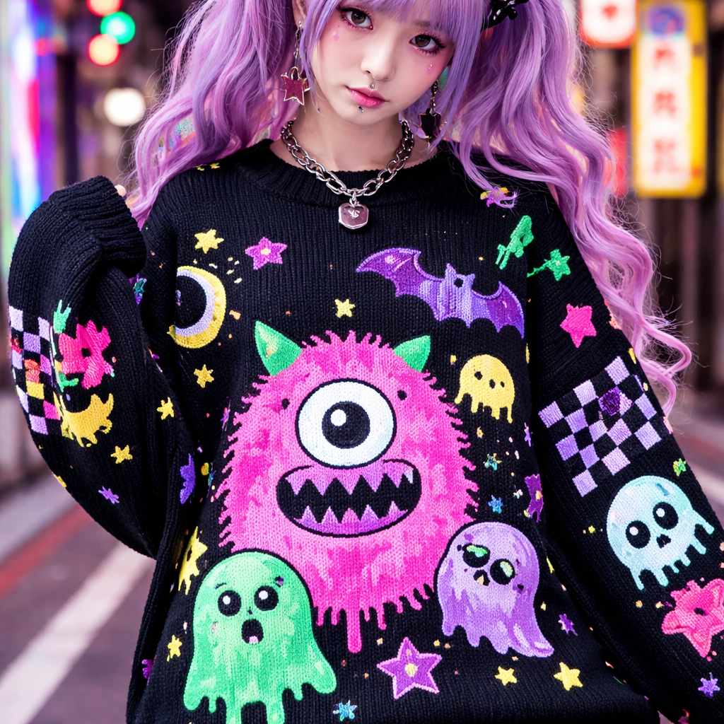 cute chunky neon candy land board game meets nightmare before christmas sweater
Japanese Street fashion design: Oversized knit sweater, cotton, black and neon brights. Features bold geometric patterns and playful monster characters for a cute-meets-spooky vibe. Relaxed fit, wide sleeves.
