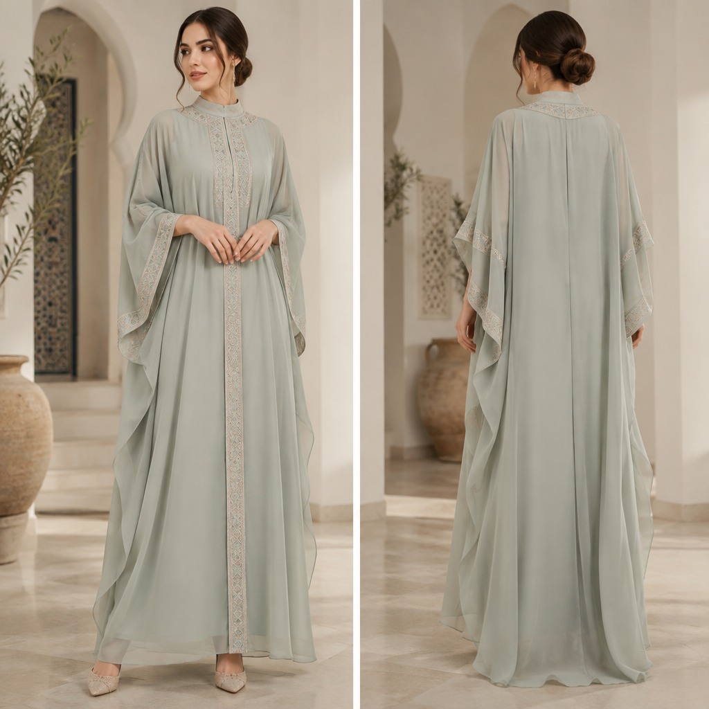 A Female Kaftan design, made of Chiffon, with a crisp, structured drape, with a Relaxed silhouette, with modest, full coverage: longer hemlines, higher necklines and covered shoulders, in a Pastels color palette, for Work, suitable for Fall, in Elegant style, shown on a model with light skin and a petite figure. جميل. Tunisia fashion aesthetics. Present it as professional fashion catalogue photography: the garment is the subject, shown full-length with editorial styling, neutral posing and tasteful, non-suggestive framing.
photorealistic fashion design, A Female Kaftan design, made of Chiffon, with a crisp, structured drape, with a Relaxed silhouette, with modest, full coverage: longer hemlines, higher necklines and covered shoulders, in a Pastels color palette, for Work, suitable for Fall, in Elegant style, shown on a model with light skin and a petite figure. جميل. Tunisia fashion aesthetics. Present it as professional fashion catalogue photography: the garment is the subject, shown full-length with editorial styling, neutral posing and tasteful, non-suggestive framing., elegant style, just the design no text, show front and back