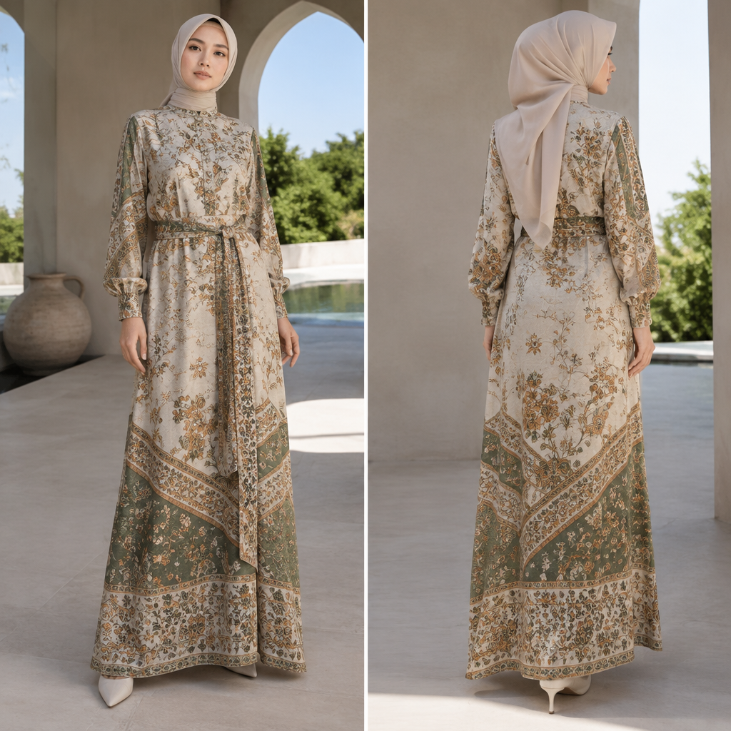 A Dress design, with modest, full coverage: longer hemlines, higher necklines and covered shoulders, suitable for Summer. Consider Indonesian fashion — batik, kebaya, modest fashion innovation, tropical resort wear. Present it as professional fashion catalogue photography: the garment is the subject, shown full-length with editorial styling, neutral posing and tasteful, non-suggestive framing.
photorealistic fashion design, A Dress design, with modest, full coverage: longer hemlines, higher necklines and covered shoulders, suitable for Summer. Consider Indonesian fashion — batik, kebaya, modest fashion innovation, tropical resort wear. Present it as professional fashion catalogue photography: the garment is the subject, shown full-length with editorial styling, neutral posing and tasteful, non-suggestive framing., just the design no text
