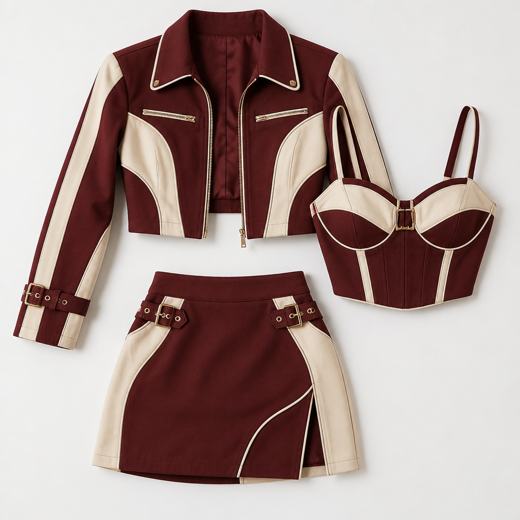 Create an original statement outfit called “The It Girl.”
Design a trendy matching three-piece set consisting of a fitted cropped-style top, a high-waisted mini skirt, and a lightweight cropped jacket. The pieces should be designed to work together but also be wearable separately.
Use deep burgundy and soft cream with a subtle contrast trim. Add small metallic hardware details and a unique curved seam design that makes the outfit recognizable.
The overall look should feel youthful, confident, fashionable, and effortlessly expensive—the kind of outfit a stylish woman in her 20s would wear to a party, rooftop event, girls’ night, birthday, or vacation dinner.
Keep it modern and wearable rather than overly formal or mature. Strong boutique-brand aesthetic, realistic construction, full-body fashion photography, contemporary 2026 styling, clean background, detailed fabric texture. No text, logos, or watermark.
photorealistic fashion design, Create an original statement outfit called “The It Girl.”
Design a trendy matching three-piece set consisting of a fitted cropped-style top, a high-waisted mini skirt, and a lightweight cropped jacket. The pieces should be designed to work together but also be wearable separately.
Use deep burgundy and soft cream with a subtle contrast trim. Add small metallic hardware details and a unique curved seam design that makes the outfit recognizable.
The overall look should feel youthful, confident, fashionable, and effortlessly expensive—the kind of outfit a stylish woman in her 20s would wear to a party, rooftop event, girls’ night, birthday, or vacation dinner.
Keep it modern and wearable rather than overly formal or mature. Strong boutique-brand aesthetic, realistic construction, full-body fashion photography, contemporary 2026 styling, clean background, detailed fabric texture. No text, logos, or watermark., just the design no text