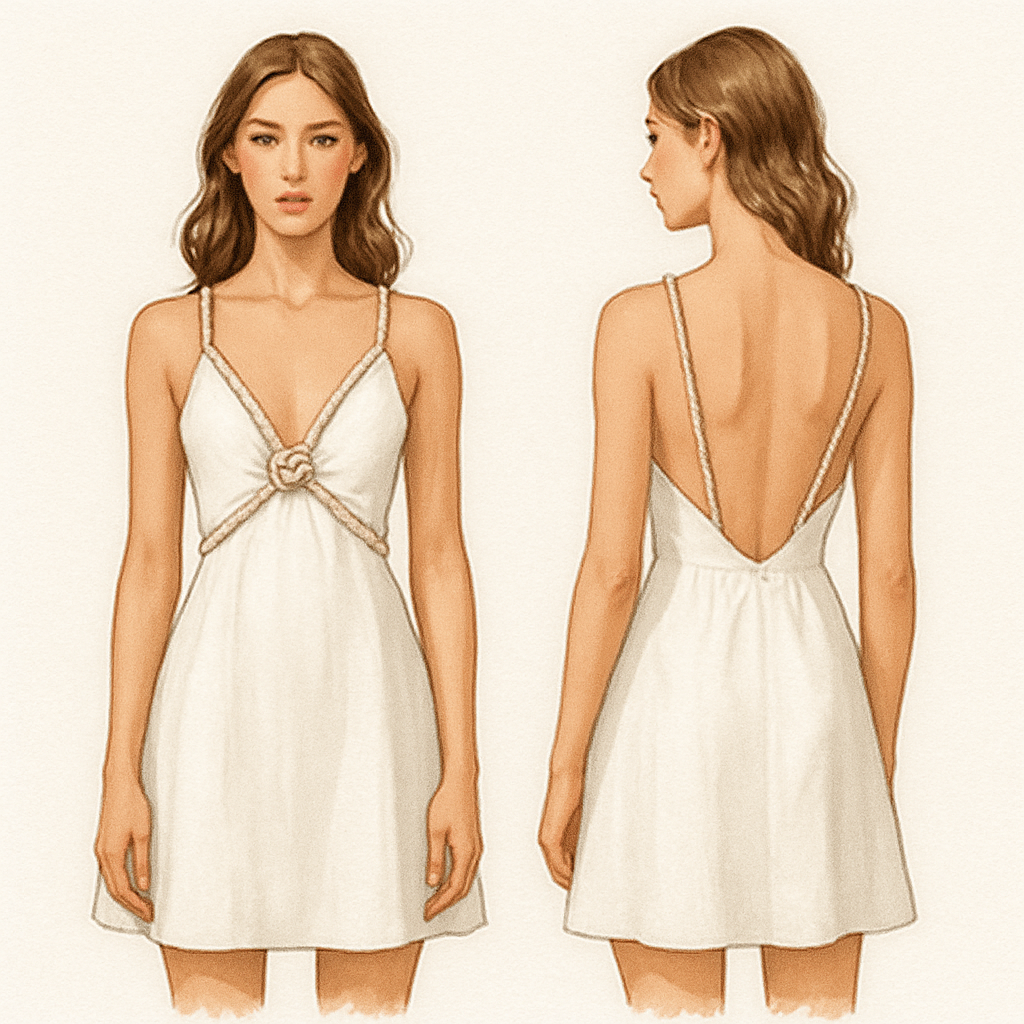 I want a short dess with with rope at the chest with v neck low back
I want a short dess with with rope at the chest with v neck low back
, summer style, show front and back
