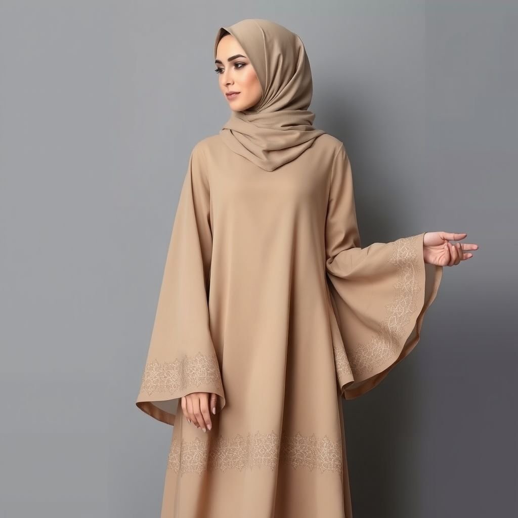 Modesty, stylish abaya, khaki colour, cupra fabric, emarati style
Design an elegant abaya in soft khaki cupra fabric, embodying modesty with a modern twist. The silhouette features flowing, layered sleeves and intricate Emirati embroidery along the hem and cuffs, incorporating geometric patterns. Accentuate the look with a matching hijab, finished with delicate gold accents for a touch of luxury.