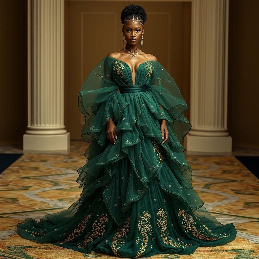 Create a woman’s kaftan that would wow. Add layers of fabric to create a big skirt but also add structure by ruching the waist. Give it a low neckline, and a monochrome hunter green color. Add details of ruched tulle and an accent of 6 inches ab crystals on a gold and green base to create a luxurious detail to the dress. The base fabric is duchess satin in hunter green
Design a stunning Afrofuturism-inspired kaftan that radiates elegance and power. Crafted from rich hunter green duchess satin, the gown features a voluminous layered skirt with expertly ruched waist for structure. A dramatic low neckline complements cascading tulle overlays, embellished with shimmering 6-inch ab crystals atop a luxurious gold and green base.
