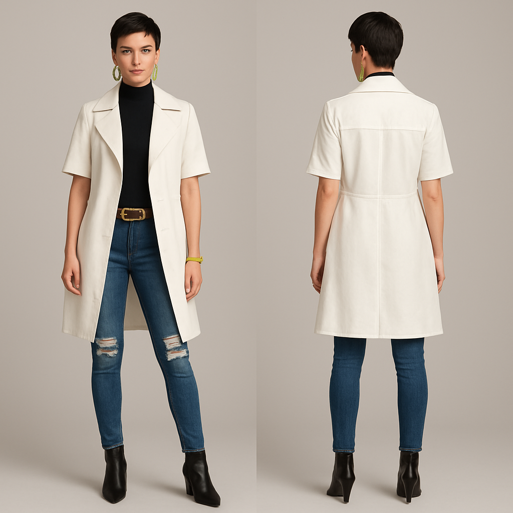 Black turtleneck short sleeves white trench coat
Fitted ripped jeans
Gold belt on pants
Heel boots
Lime green earrings and bracelet
Pixie cut
Black turtleneck short sleeves white trench coat
Fitted ripped jeans
Gold belt on pants
Heel boots
Lime green earrings and bracelet
Pixie cut , business style, show front and back