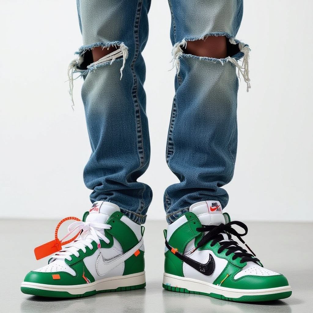 A fusion of nike x off white air rubber dunk green strike and swear air revive extra vegan sneakers
Hipster fashion: Nike x Off-White Air Rubber Dunk Green Strike and Swear Air Revive Extra Vegan sneakers, paired with distressed jeans and a vintage band t-shirt.
