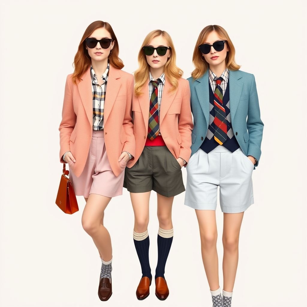 A line
Imagine a chic preppy fashion line featuring tailored blazers in pastel tweeds, crisp button-up shirts with subtle plaid patterns, and high-waisted Bermuda shorts. Accessorize with vintage leather loafers, patterned knee-high socks, and colorful silk neckties. Incorporate classic argyle vests and pleated skirts for a timeless, Ivy League-inspired look perfect for fall.