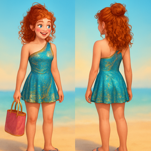 A one strap, shoulder, bathing suit, covered and blue and gold, finish, golden and shining with blue silk and a matching pool skirt with adorable blue and gold flip-flops and a pink and gold beach bag this swimsuit shines in the sun and looks like a dream. The girl wearing it is shy, but outgoing has red hair and curly hair pull back in half a half down bun with a look of excitement on her face.