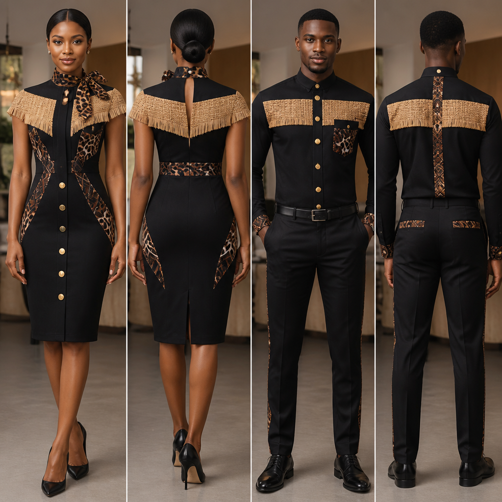 designs de Robe hôtesse pour restaurant différents , robe droite jusqu’au genoux pour femme , col pasteur petite écharpe motif panthère noire et marron , bouton au milieu de la robe rond en or Avec une touche de paille au niveau des épaules et la poitrine de même pour les hommes pantalon chemise , designs sur la robe en motifs tissu panthère tissu africain ekang Cameroun . La couleur du vêtement est noir , très fashion chic , et élégante , plus stylé et original
photorealistic fashion design, designs de Robe hôtesse pour restaurant différents , robe droite jusqu’au genoux pour femme , col pasteur petite écharpe motif panthère noire et marron , bouton au milieu de la robe rond en or Avec une touche de paille au niveau des épaules et la poitrine de même pour les hommes pantalon chemise , designs sur la robe en motifs tissu panthère tissu africain ekang Cameroun . La couleur du vêtement est noir , très fashion chic , et élégante , plus stylé et original , office style, just the design no text, show front and back