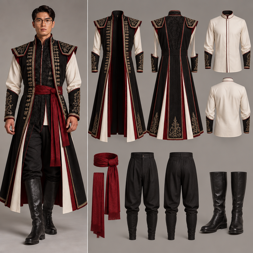 Show me all the clothes, such as the Outer coat, inner dress, the waist band, the pants
edit the attached fashion design with these instructions: Show me all the clothes, such as the Outer coat, inner dress, the waist band, the pants. keep it photorealistic, just the design no text