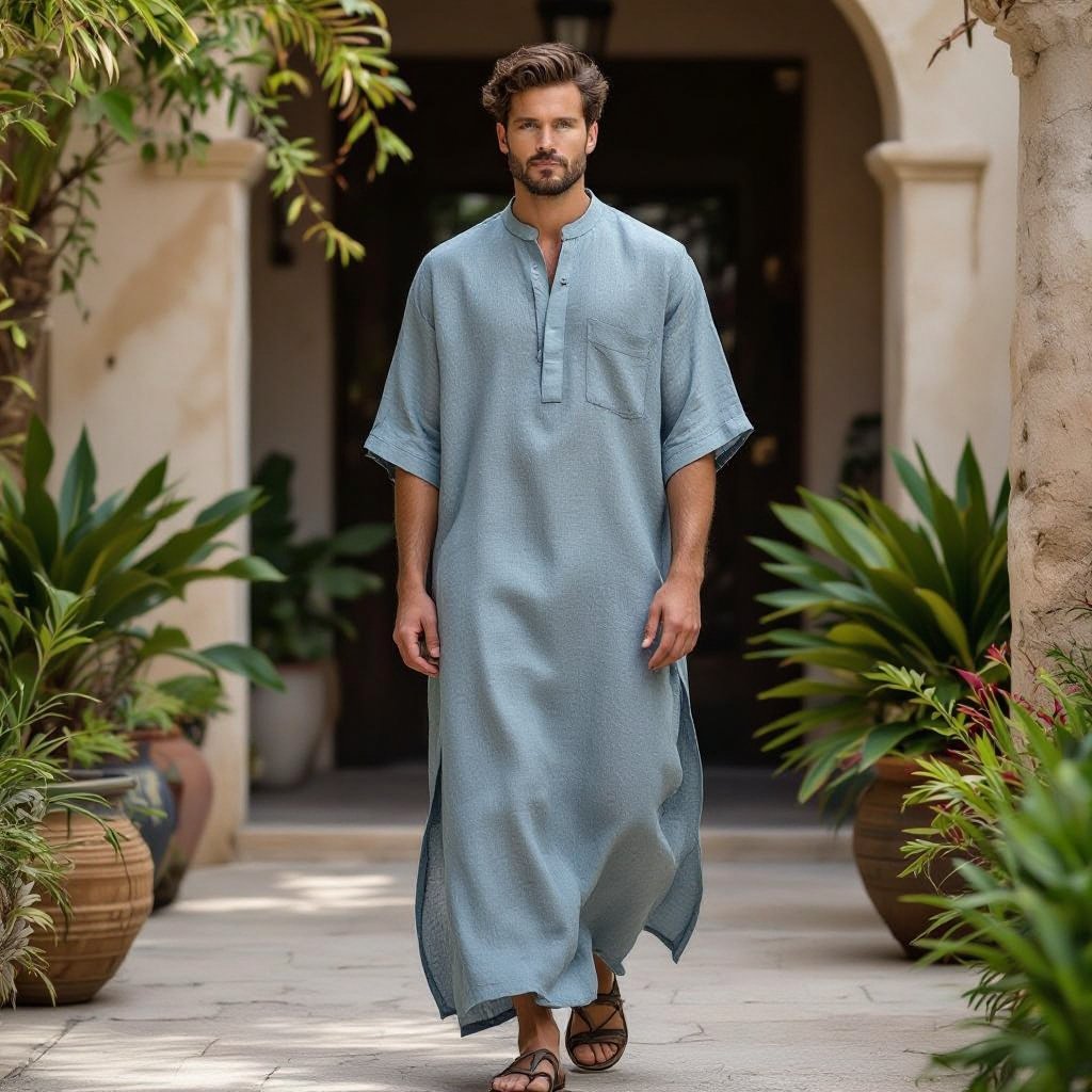 Creative male kaftan
Creative male kaftan in breathable linen, full-length with a relaxed fit, featuring a mandarin collar and subtle side slits for movement.