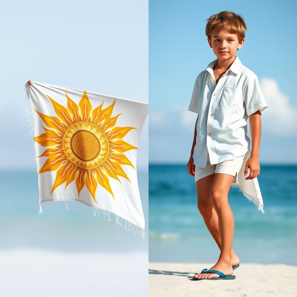 White plane sarong for boys with new yr sun design
Design a modern boy's sarong in a crisp white fabric, featuring a vibrant sun motif inspired by New Year celebrations. The sun design includes intricate geometric patterns in shades of gold and yellow, radiating energy. Pair with casual flip-flops and a lightweight linen shirt for a fresh, festive beach look.
