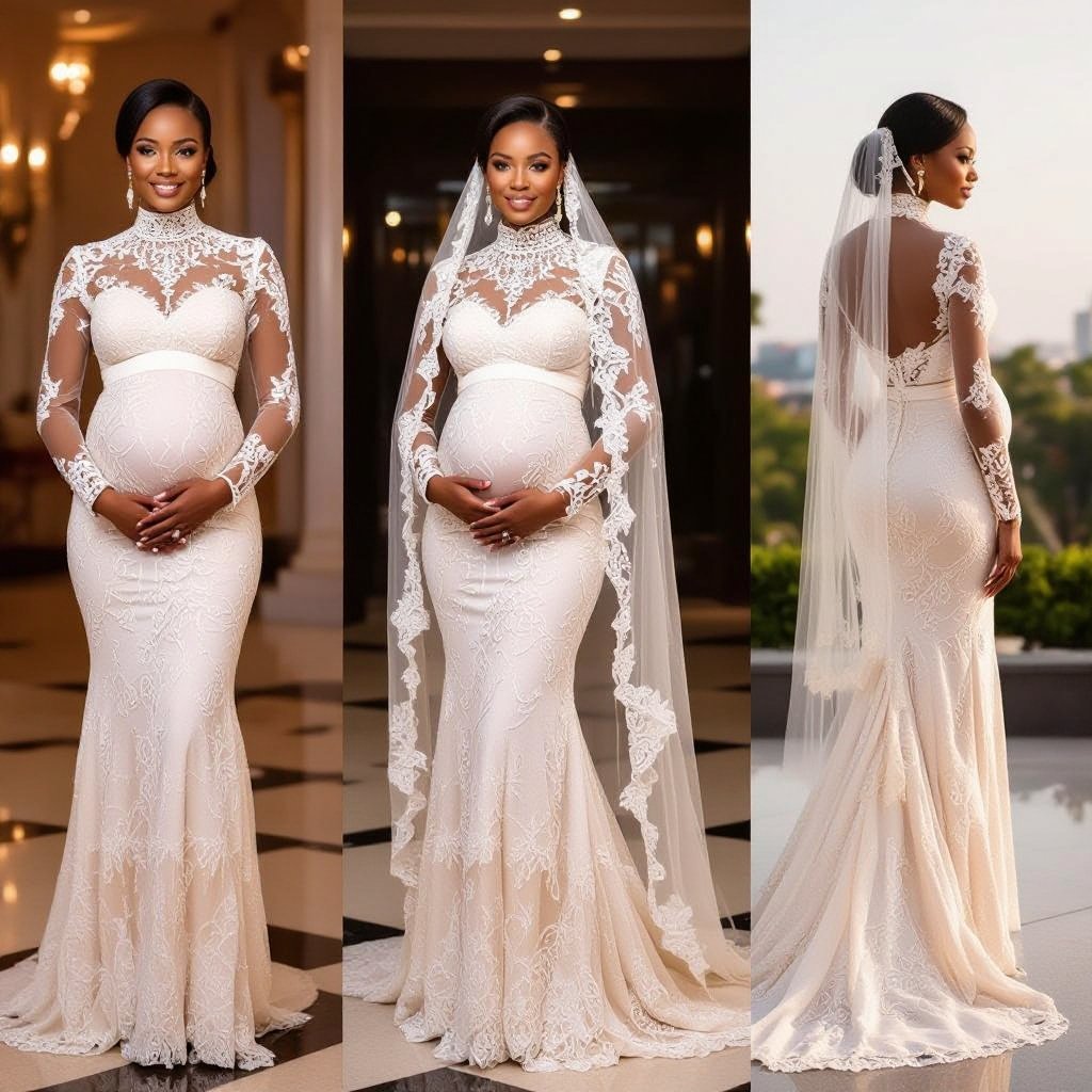 An African pregnant woman wearing a fully beaded lace maternity photo shoot high neck dress with very long and beaded lace veil
Elegant fashion: An African pregnant woman in a high-neck, long, beaded lace maternity dress. The dress has an elegant, fitted silhouette. She also wears a long, beaded lace veil.