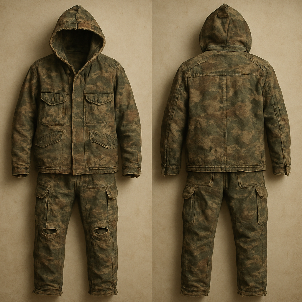 Distressed Hunting camo jacket with hood and pants 

Distressed Hunting camo jacket with hood and pants , vintage style, show front and back